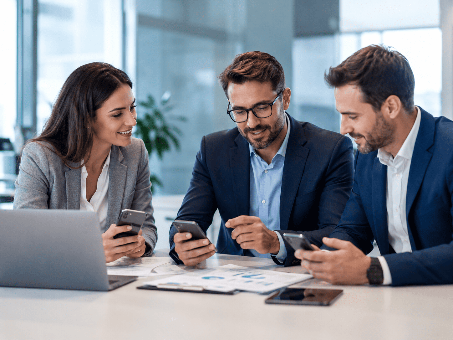 Equipe corporativa usando smartphones em case de aluguel de celular para empresas