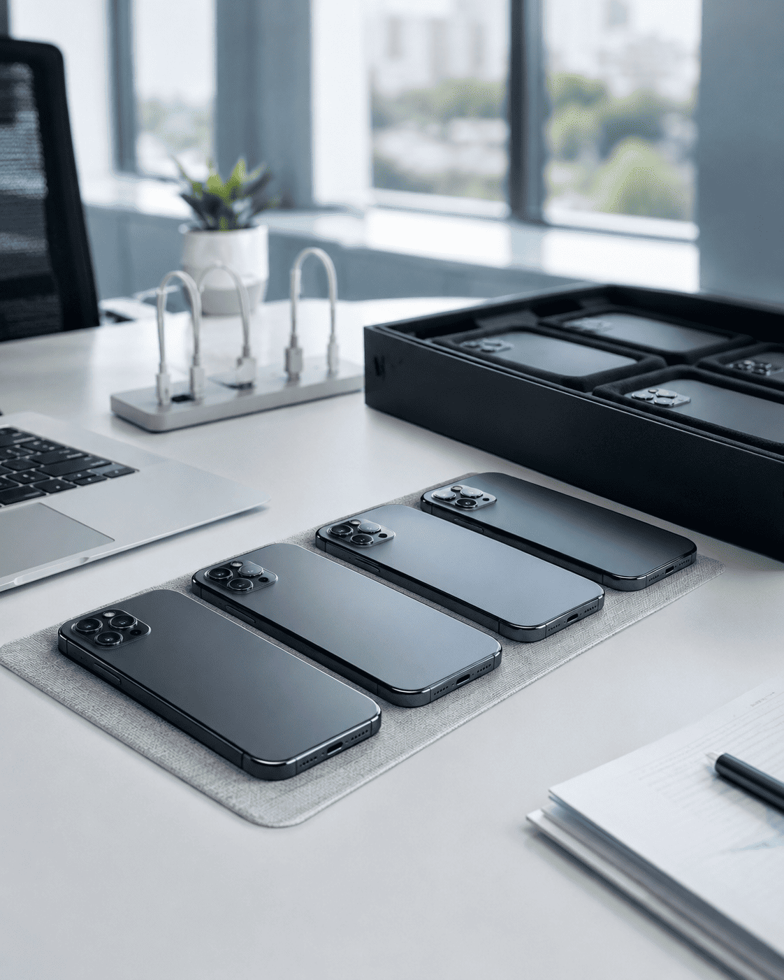 Profissional organizando smartphones corporativos para aluguel de celular para empresas