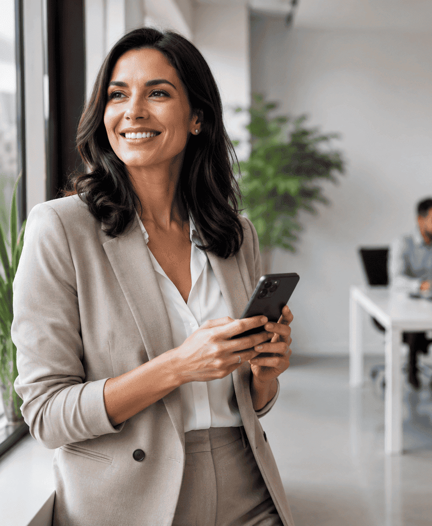 Profissional usando smartphone em escritório, representando aluguel de celular para empresas com a Uniir